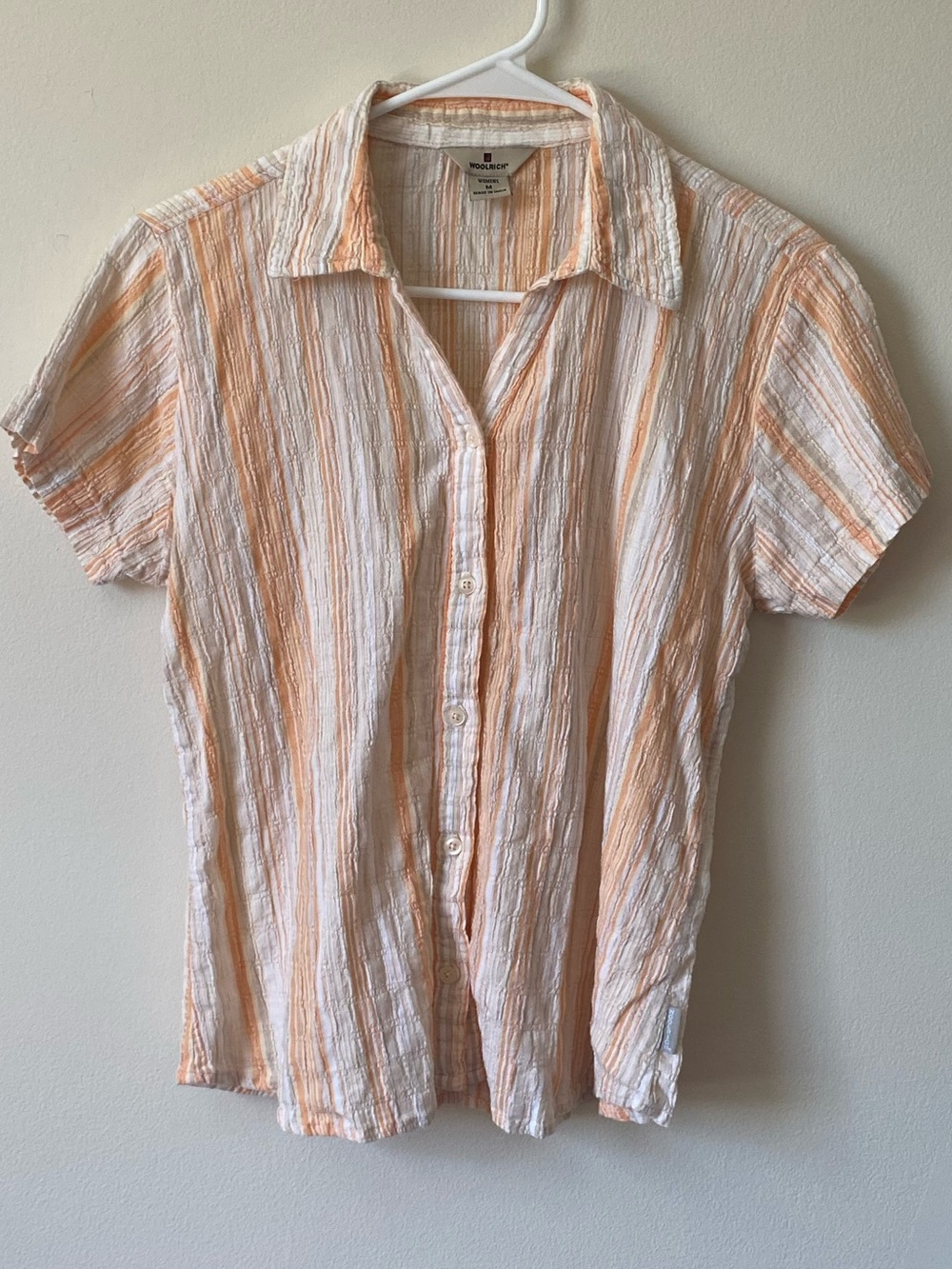 Woolrich Crinkle Striped Short-Sleeve Shirt in Peach & White